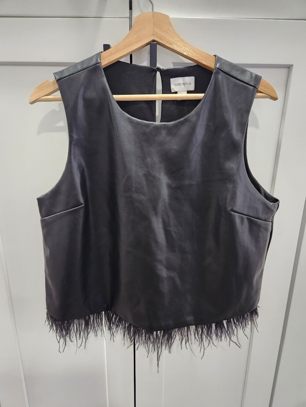 For Cynthia - Faux Leather Feather-Hem Sleeveless Top - Black Size Large